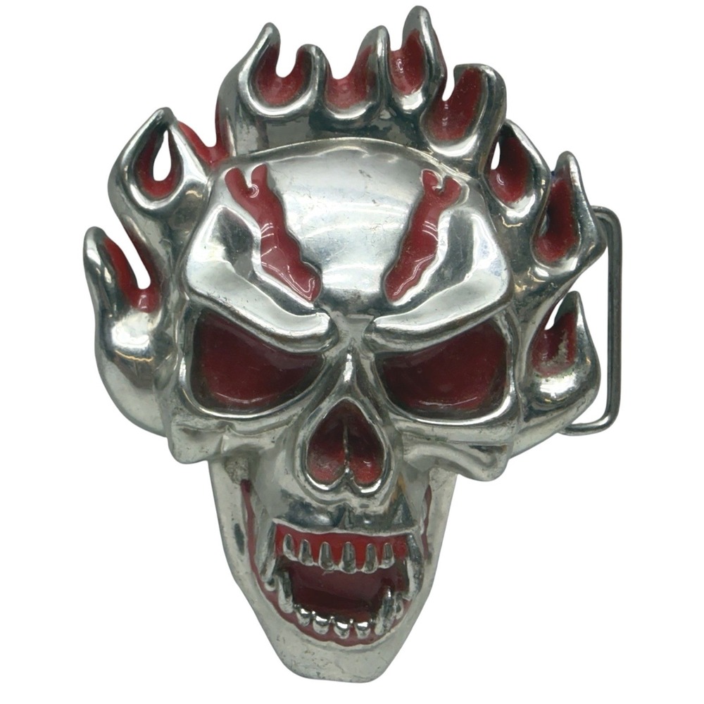 Flaming Skull Belt Buckle Hidden Cigarette Case Red Enamel Metal 4" Gothic Biker